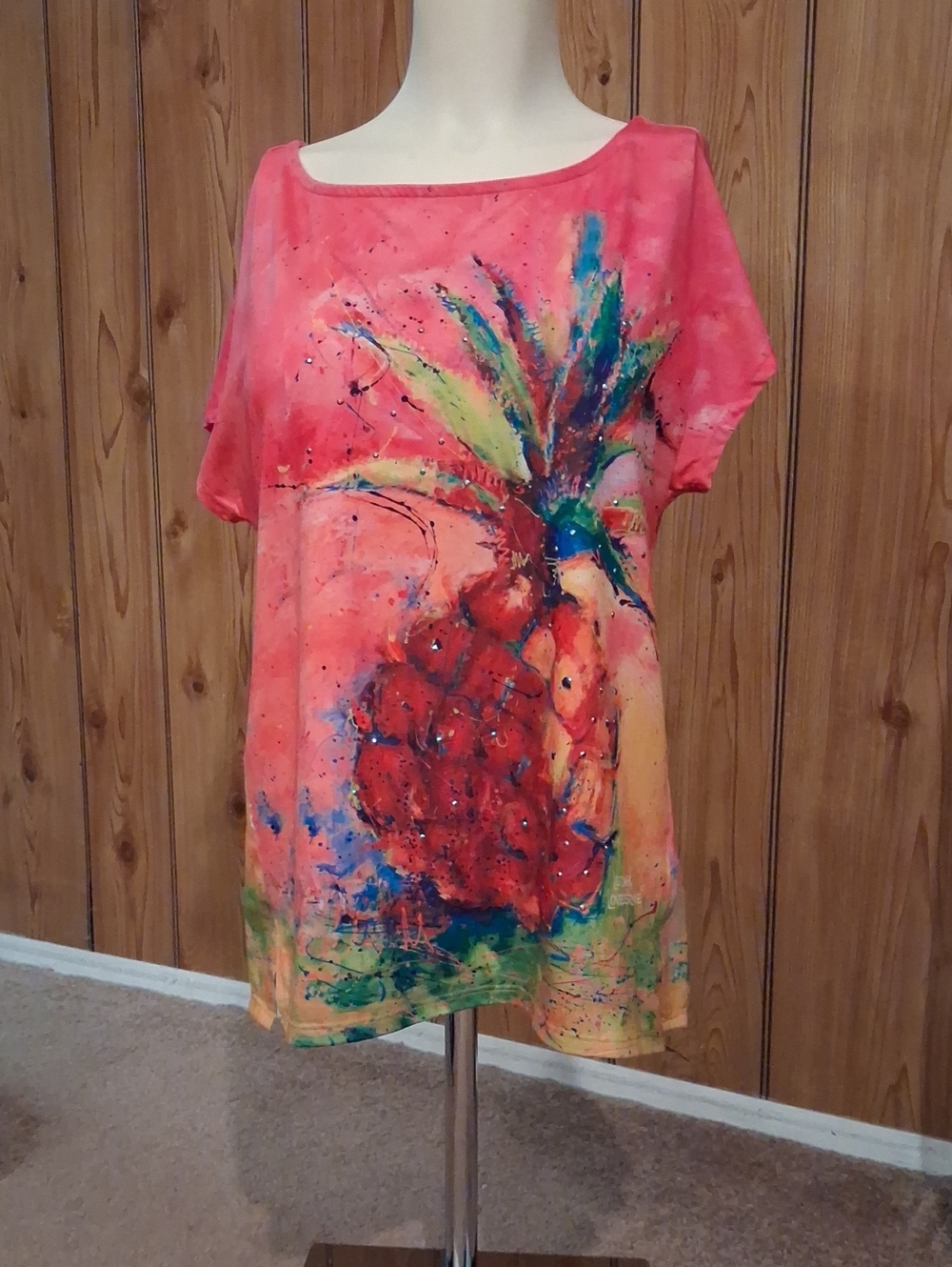 Bright Pink Pineapple-Print Short-Sleeve Tunic